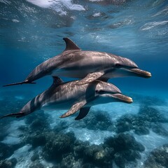 Naklejka premium Dolphins swimming coral reef ocean underwater wildlife