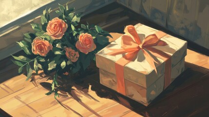 Obraz premium A beautifully wrapped gift box with a soft pink ribbon next to a bouquet of roses on a wooden table