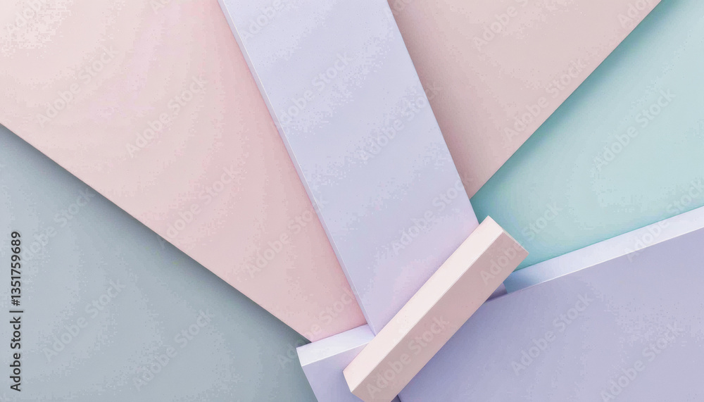 Poster geometric shapes in pastel shades of pink, blue, and white create a modern, abstract composition wit
