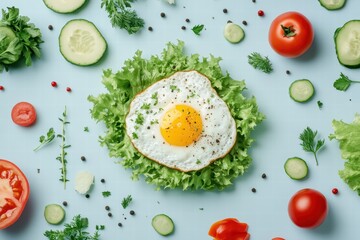 Fresh Ingredients for Healthy Meal with Egg on Green Lettuce