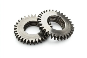 Two metallic gears interlocked, symbolizing teamwork and precision engineering.