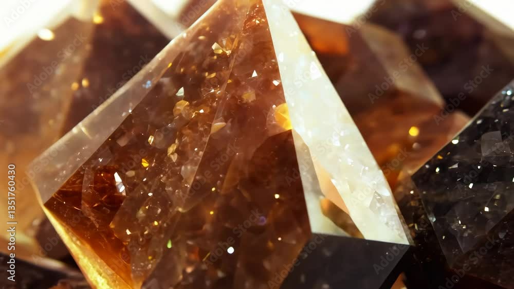Poster close-up view of sparkling smoky quartz amber-colored crystals with sharp edges and facets, showcasi