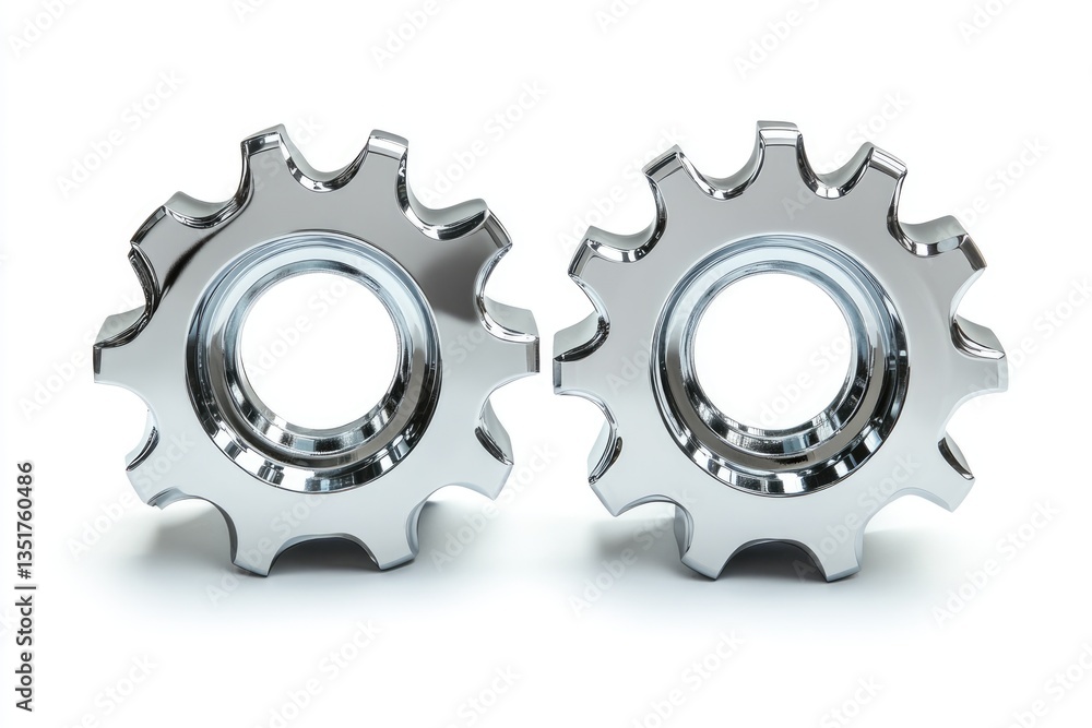Poster two shiny chrome gears interlock, symbolizing teamwork, mechanics, and precision engineering.