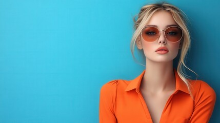 Attractive blonde woman with sunglasses and orange shirt posing gracefully