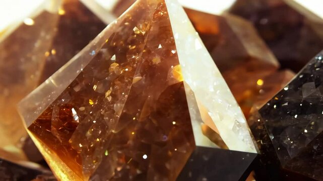 Close-up view of sparkling Smoky Quartz amber-colored crystals with sharp edges and facets, showcasing their natural beauty and intricate mineral pattern texture macro background.