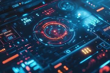 Futuristic interface; glowing, digital controls, vibrant.