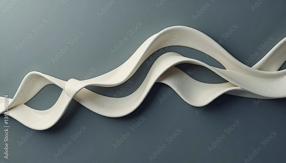 Poster a sleek, white, ribbon-like form gracefully curves across a dark gray background, creating a dynamic