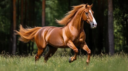 Naklejka premium A chestnut horse runs through a field with tall trees swaying in the background