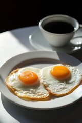 Fried Eggs on a Plate with Coffee Cup on a Light Table Surface