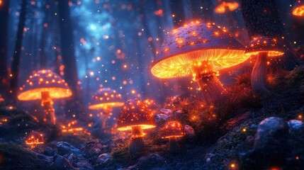 Enchanted Glowing Mushrooms in a Mystical Forest