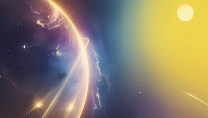 Obraz premium Colorful cosmic view with planet, rings, and sunlit sky background