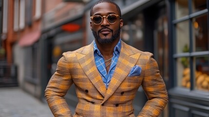 An elegantly dressed man poses in a city scene outside