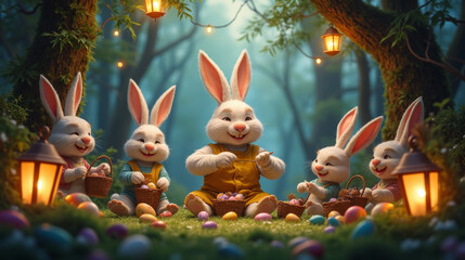 Adorable bunnies decorate Easter eggs in a magical forest, surrounded by lanterns and cozy woodland charm.