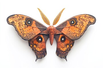 Orange moth studio shot, wings spread, white background, leaf accents, nature imagery