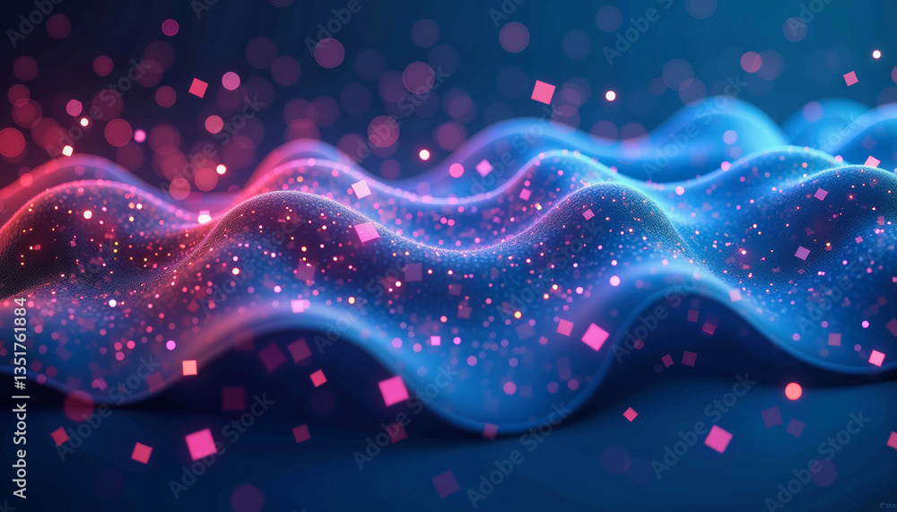 Poster abstract waves of blue and pink shimmer with sparkling particles, creating a mesmerizing, futuristic
