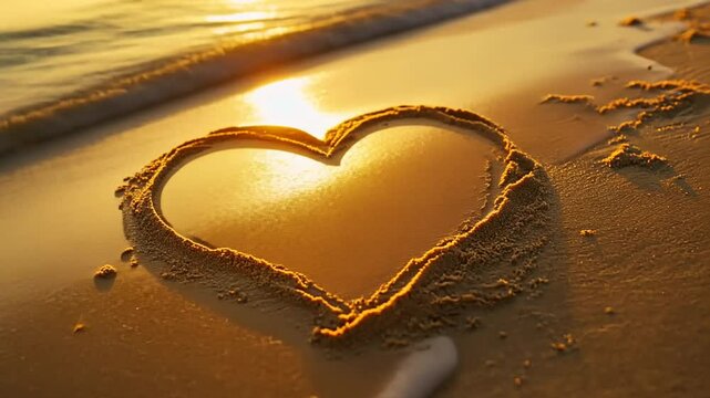Heart drawn in sand on a golden beach at sunset, embodying love and tranquility