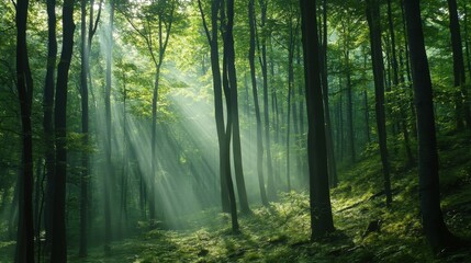 Fototapeta premium A dense green forest with sunlight filtering through the towering trees