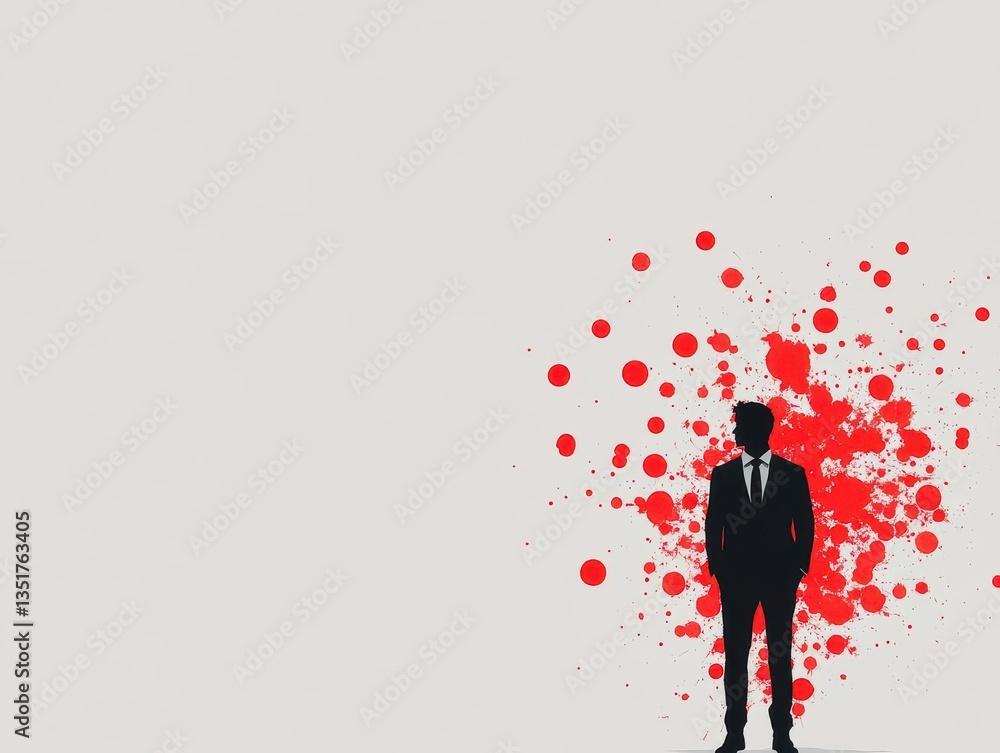 Poster stylish man in a suit and tie standing against a bold red splat abstract art background in creative 