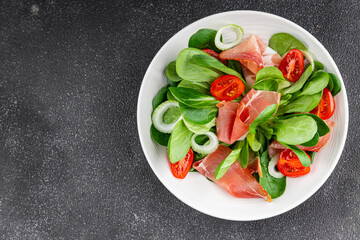 Jambon salad jamon meat vegetables dish fresh delicious gourmet food background on table rustic food top view copy space
