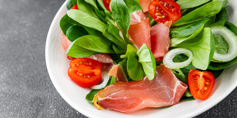 Jambon salad jamon meat vegetables dish fresh delicious gourmet food background on table rustic food top view copy space