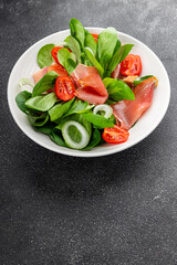 Jambon salad jamon meat vegetables dish fresh delicious gourmet food background on table rustic food top view copy space