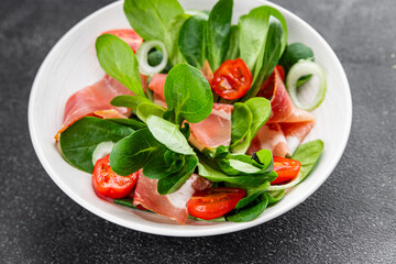 Jambon salad jamon meat vegetables dish fresh delicious gourmet food background on table rustic food top view copy space