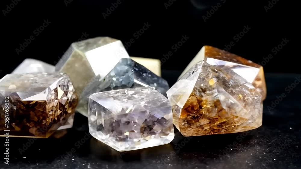 Poster a collection of various smoky quartz gemstones and crystals, showcasing different colors and shapes,