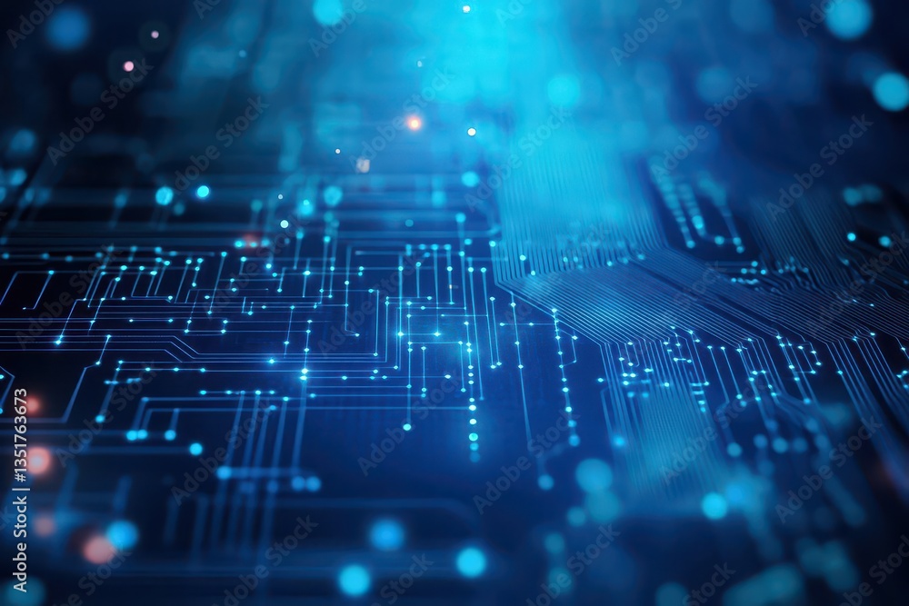 Poster Abstract circuit board design featuring illuminating blue lights against a dark background for tech themes
