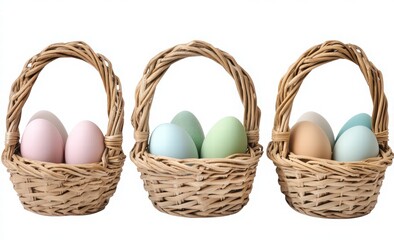 Happy Easter. Collection of Easter baskets filled with colorful decorated eggs, isolated on a white background.