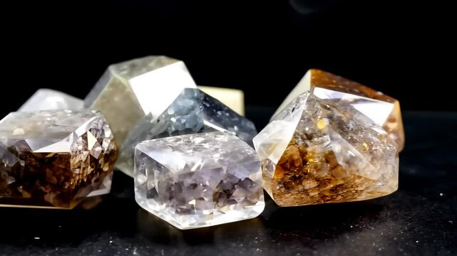 A collection of various Smoky Quartz gemstones and crystals, showcasing different colors and shapes, with a shiny surface reflecting light against a dark mineral pattern texture macro background.
