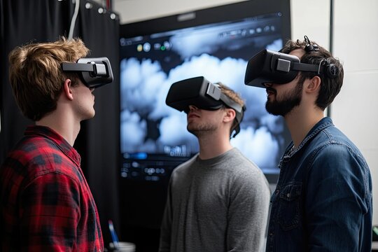 Three people wearing headsets experience virtual reality.