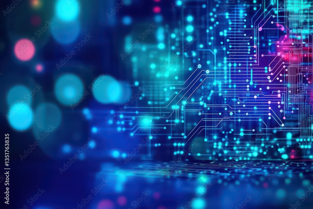 Poster modern circuit board design featuring a striking blend of blue and pink background for abstract tech