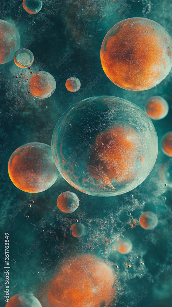 Poster abstract image of teal and orange spheres, resembling planets or cells, floating in a nebula-like ba