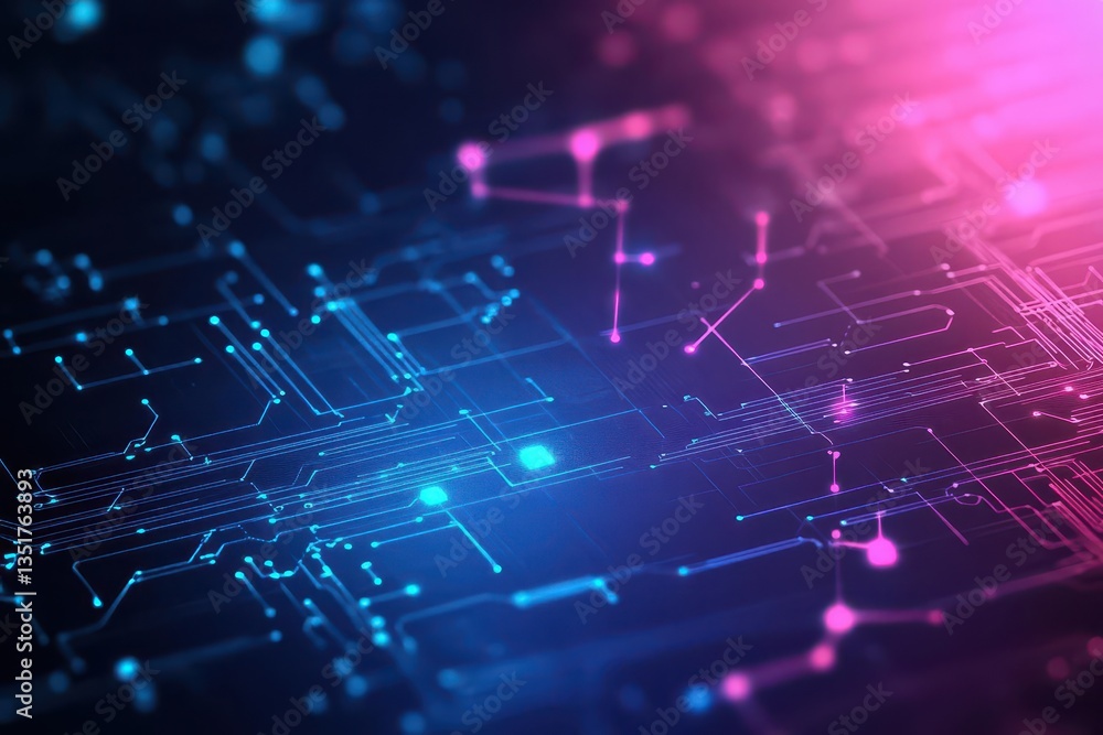 Poster striking abstract circuitry design with a blue and pink background showcasing modern technology and 