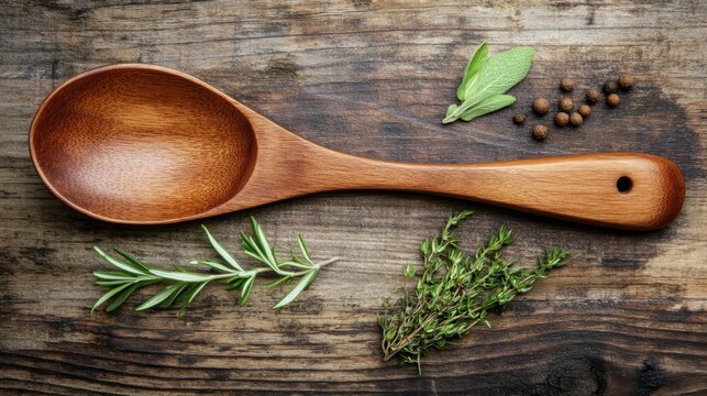 A dinner spoon resting on a table with fresh herbs and spices, top-down view