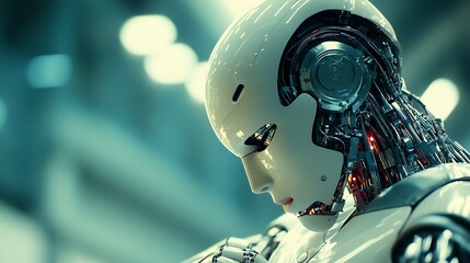 Fototapeta premium A futuristic robot looking down with a neutral expression