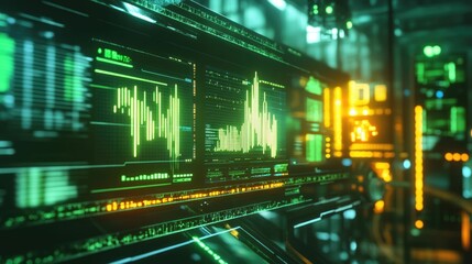 Obraz premium Glowing digital displays show data streams.