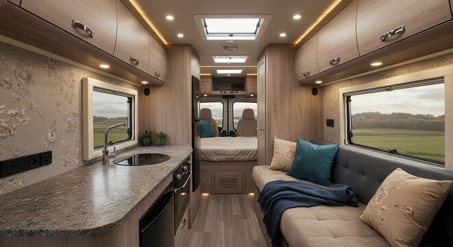 Interior of Modern Recreational Vehicle with Kitchen and Seating Area