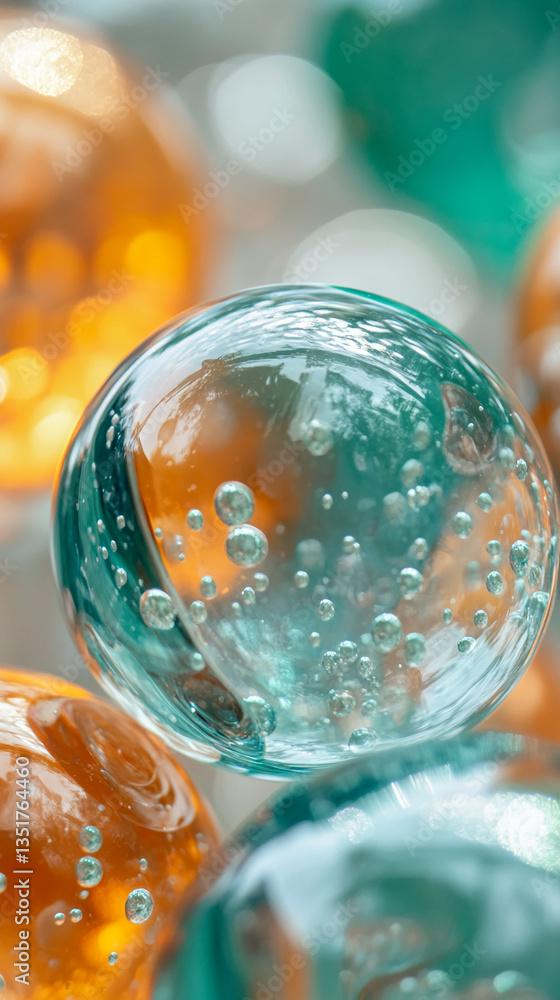 Poster close-up of teal and amber glass spheres with air bubbles, creating a translucent and textured effec