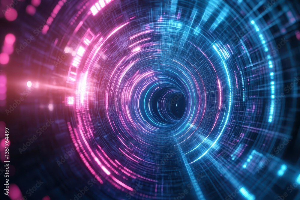 Poster Futuristic blue and pink tunnel with abstract lines creating a sense of depth and movement in a digital environment