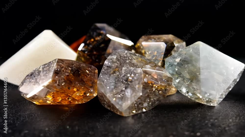 Poster a collection of polished smoky quartz gemstones in various colors and shapes on a dark mineral patte