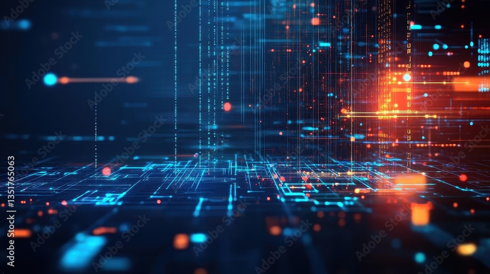 Poster digital circuit design overlaying a blue and orange background emphasizing technology and modern inn