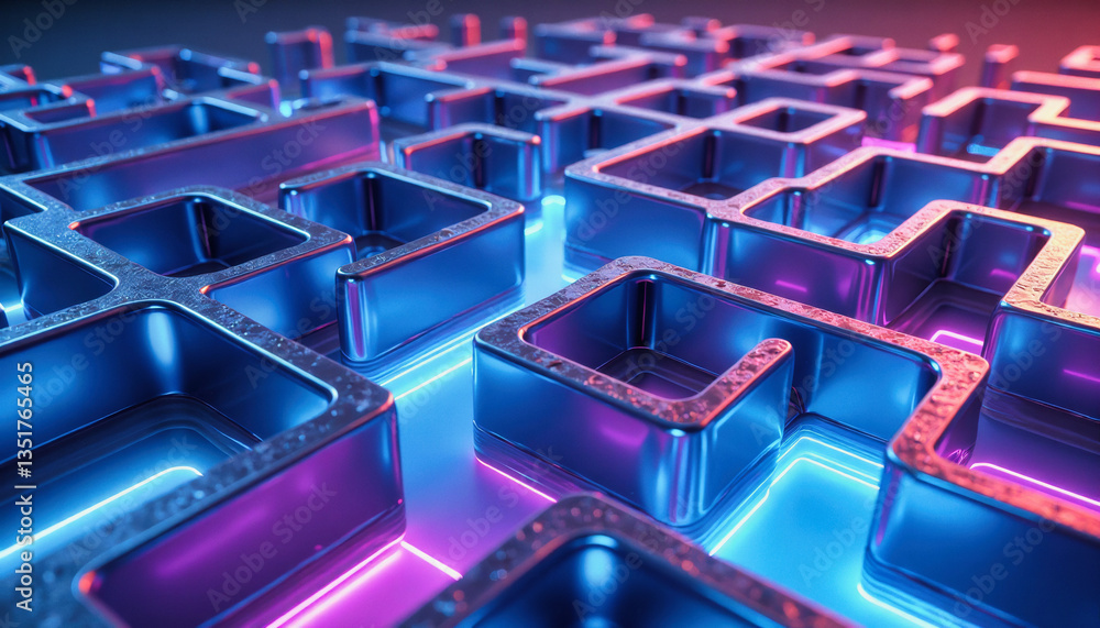 Aufkleber glowing neon lines illuminate a complex, futuristic maze of interconnected cubes. graphical resource