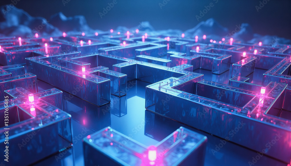 Poster glowing pink nodes illuminate a complex, futuristic maze constructed from reflective blue cubes. gra