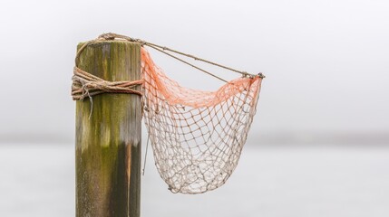 Obraz premium A fish trap net suspended from a dock post, swaying in the breeze