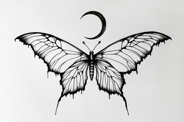 Ink butterfly moon design, artistic sketch, white background, tattoo art.