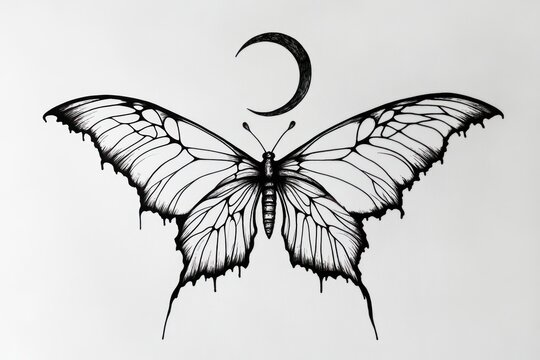 Ink butterfly moon design, artistic sketch, white background, tattoo art.