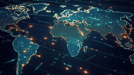 A global supply chain network digital map on a black background