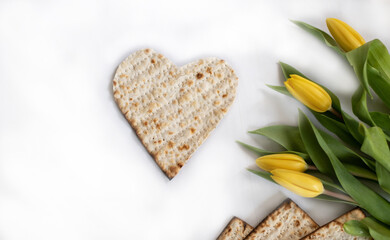 Layout of Traditional Matzah shape of heart prepared for Passover with on white background with yellow tulips and ribbon. top view. Spring Holiday of Jewish people. Fasting time