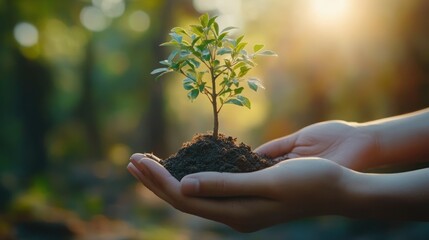 Sunlight on a young tree in hands, forest background.  Possible use Environmental conservation